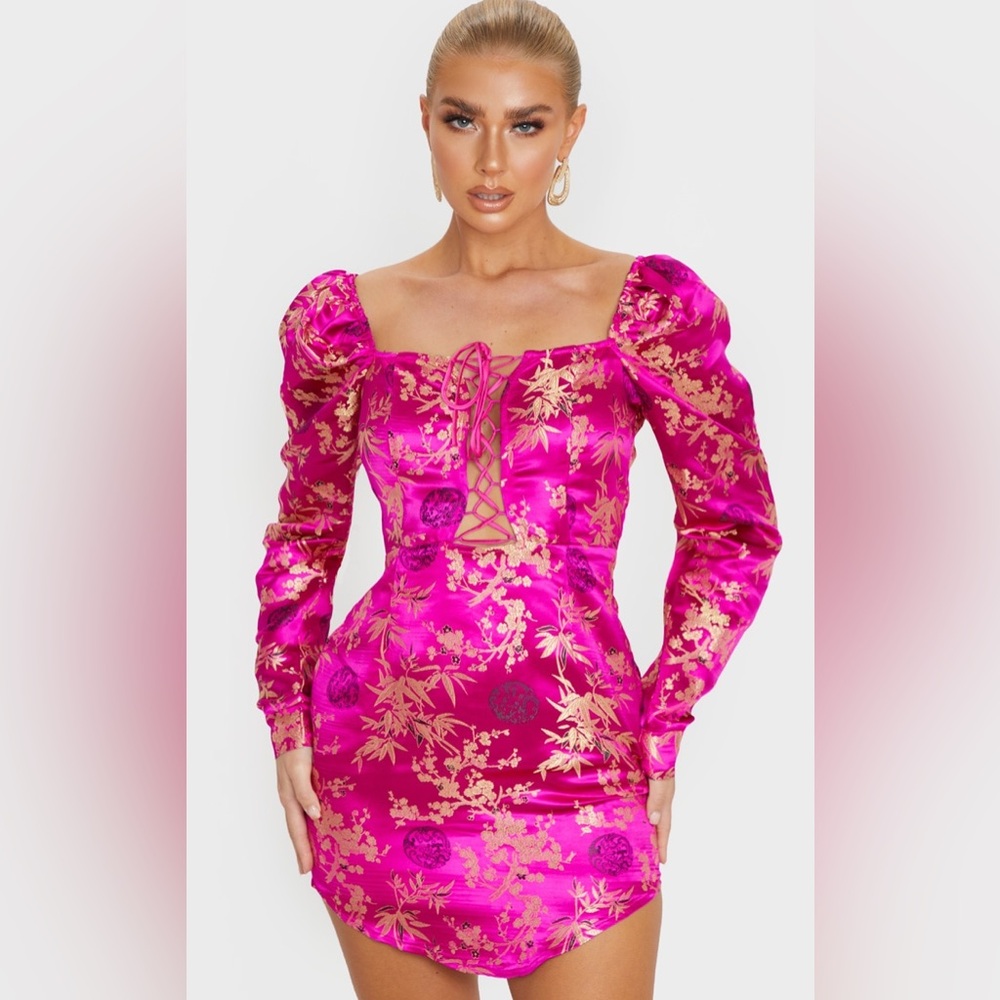 Pretty Little Thing Magenta Jacquard Satin Floral Dress NWT